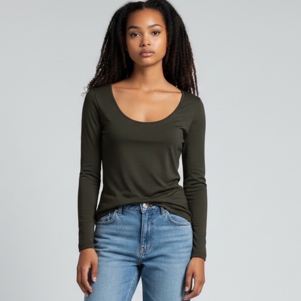 Eileen Fisher Womens Small Dark Green Scoop Neck Long Sleeve Jersey Top Shirt